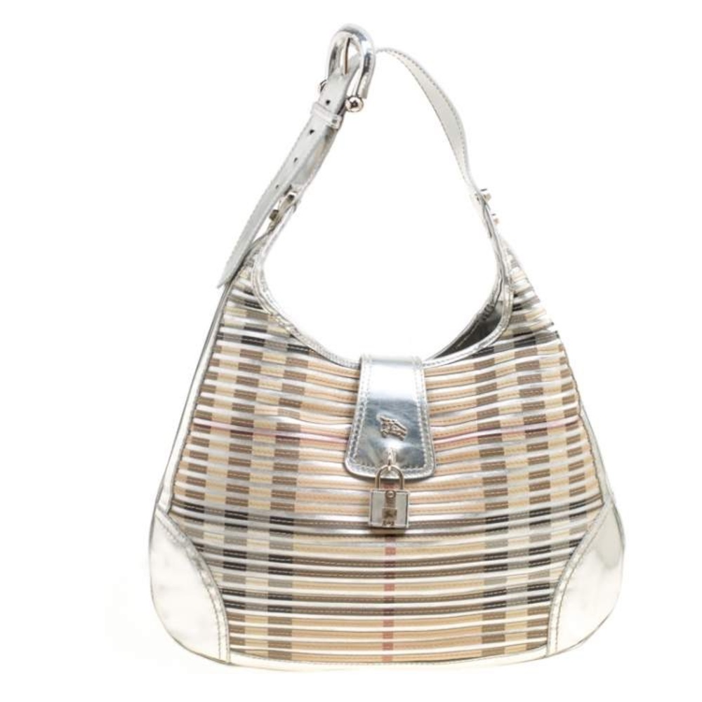 Burberry Silver Leather and Nova Check Brooke Hobo